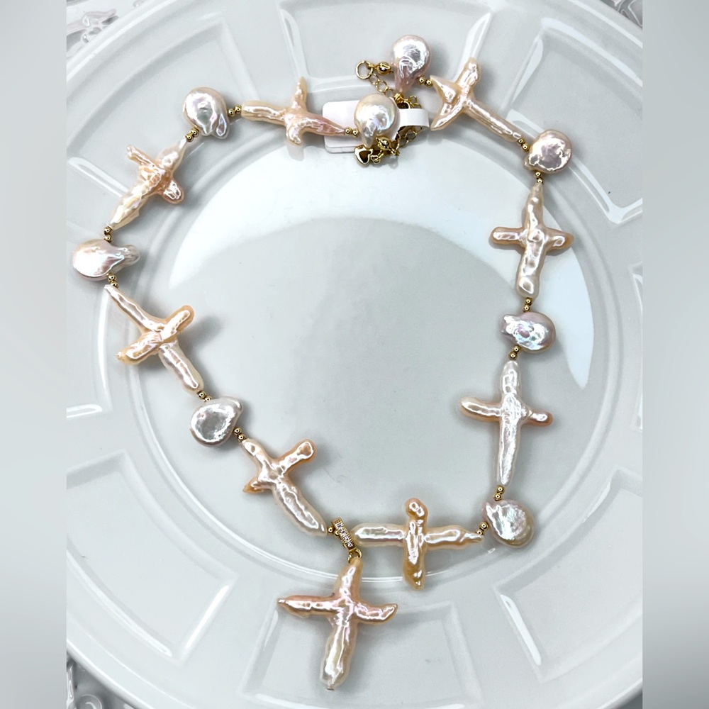 Handmade Freshwater Cross Baroque Pearl Necklace Gold Plated